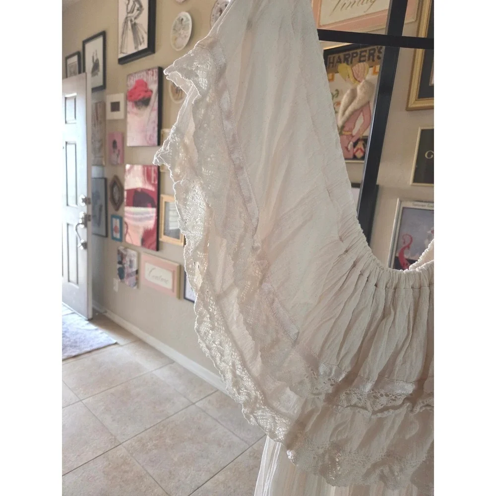 Vintage Mexican Off Shoulder Cotton Gauze Maxi Dress Ivory Lace Boho Plus Size - Picture 3 of 7